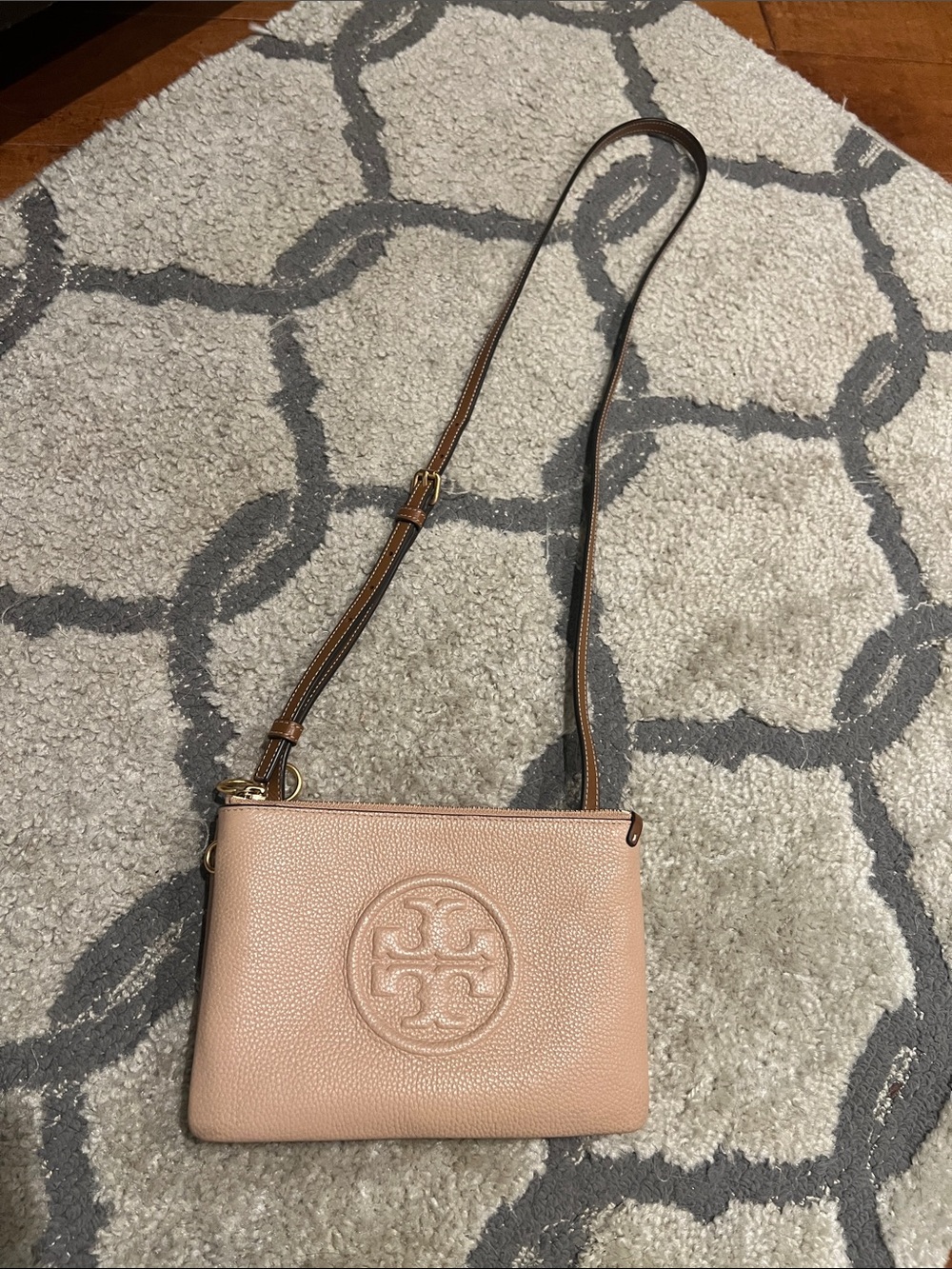 Tory Burch Tan Pebbled Leather Logo Crossbody